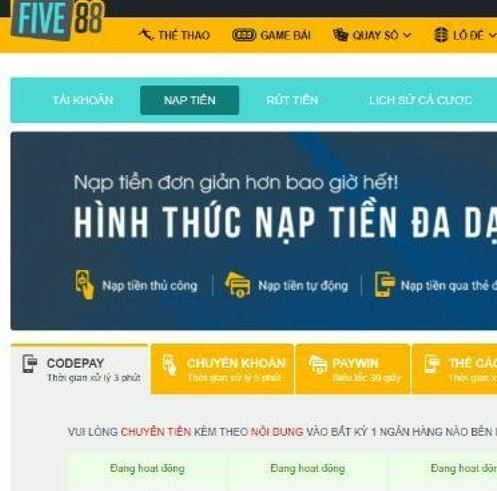 Các bước nạp tiền tại five88 Các bước nạp tiền five88